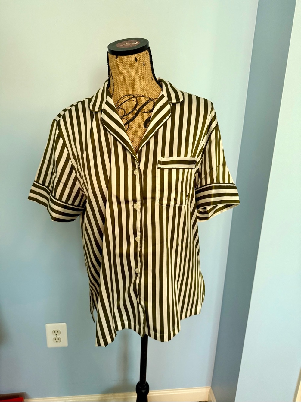 Victoria’s Secret Silk Olive Green and White Vertical Stripe Sleep Set
